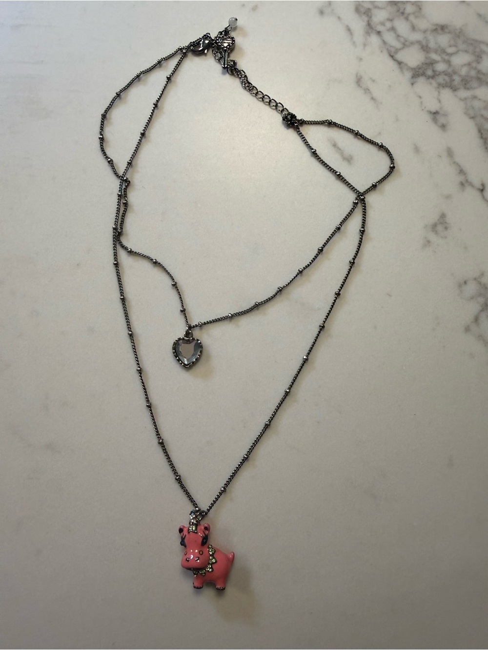 Betsey Johnson Pink hippo Layered Heart Charm Necklace